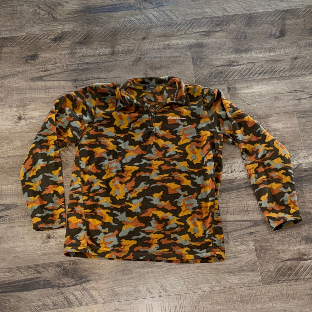 Eddie Bauer Jacket Mens Large Camouflage Logo Quest Fleece Hunting 1/4 Zip